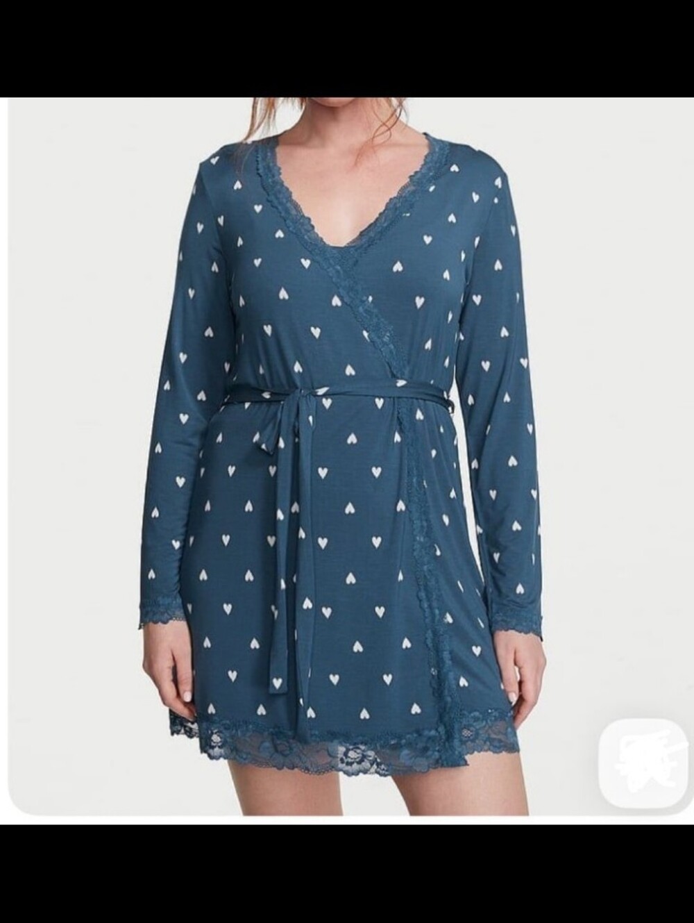 New VS Teal White Heart Print Lace Trim Modal Robe